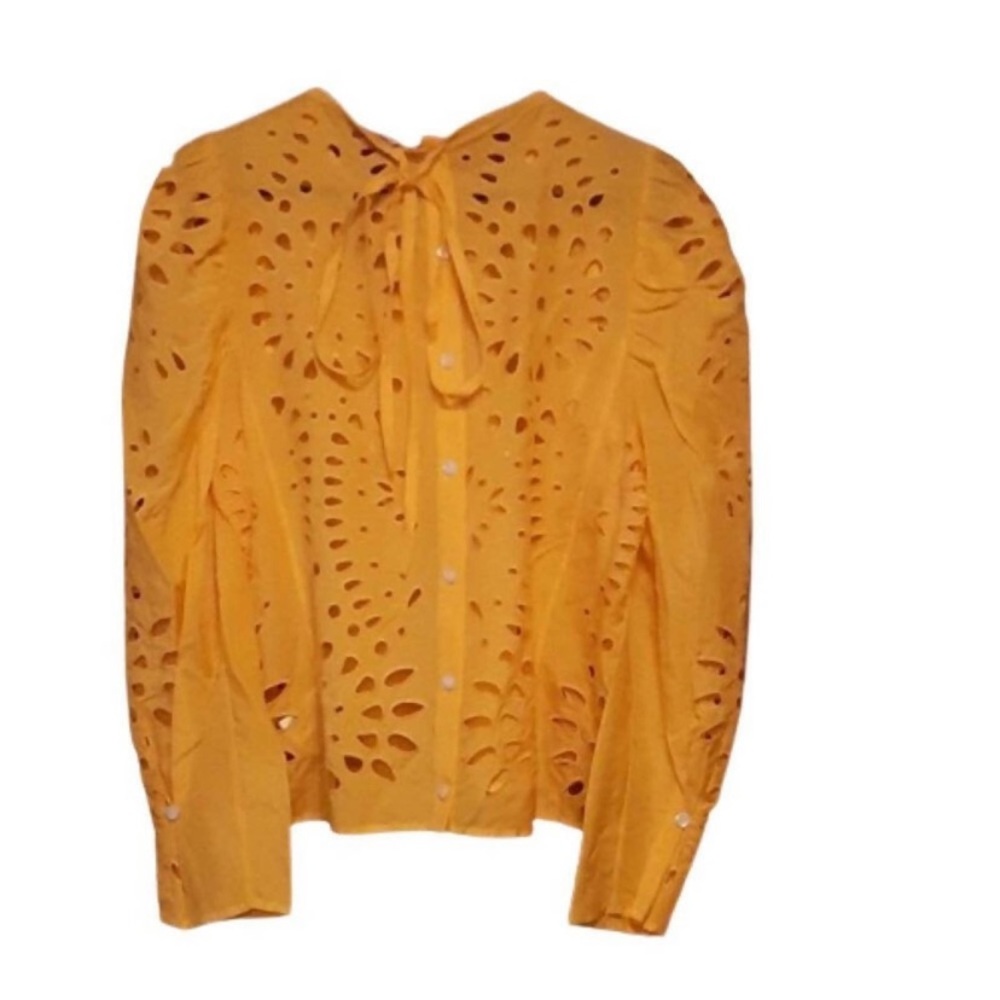 NWT Thakoon Long Puff Sleeve Eyelet Embroidered Silk Cotton Blouse Top Yellow 10 - Picture 8 of 10